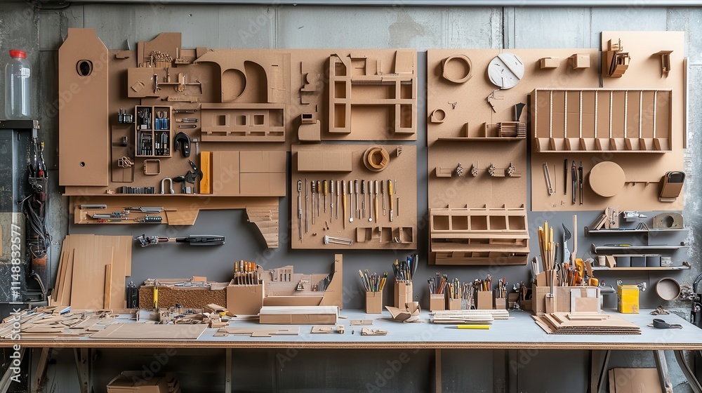 Organized workspace with various cardboard pieces and tools, inviting creativity. Organized workspace with various cardboard pieces and tools, inviting creativity.