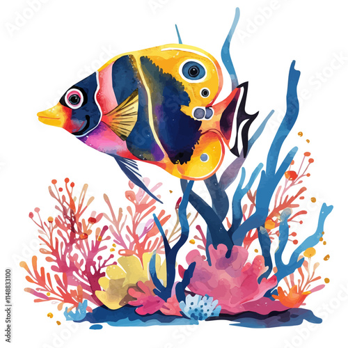 A watercolor drawing of tropical fish swimming in a vibrant reef, isolated on a white background. Reef vector.
