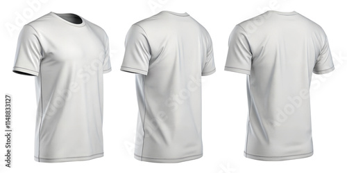 Three angles of a blank white t-shirt on a transparent background. Includes front, side, and back views. Ideal for showcasing apparel designs, creating mockups, or use in online clothing stores.