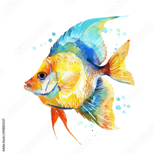 A watercolor illustration of tropical fish swimming in clear water, isolated on a white background. Fish vector.
