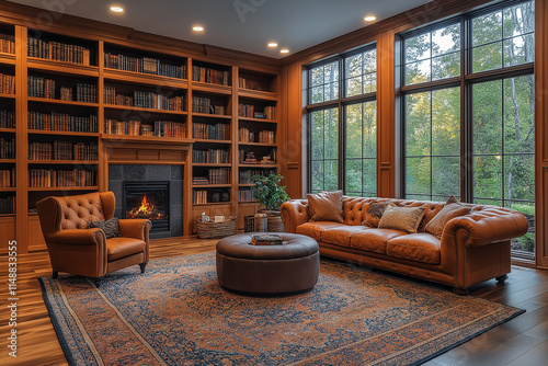 Salle de Séjour Élégante avec Bibliothèque Intégrée, Canapé en Cuir, Tapis Moelleux et Éclairage Doux, Ambiance Confortable et Sophistiquée photo