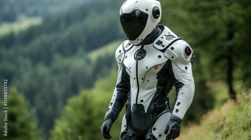 Fototapeta premium Futuristic White Armored Figure In Green Hills