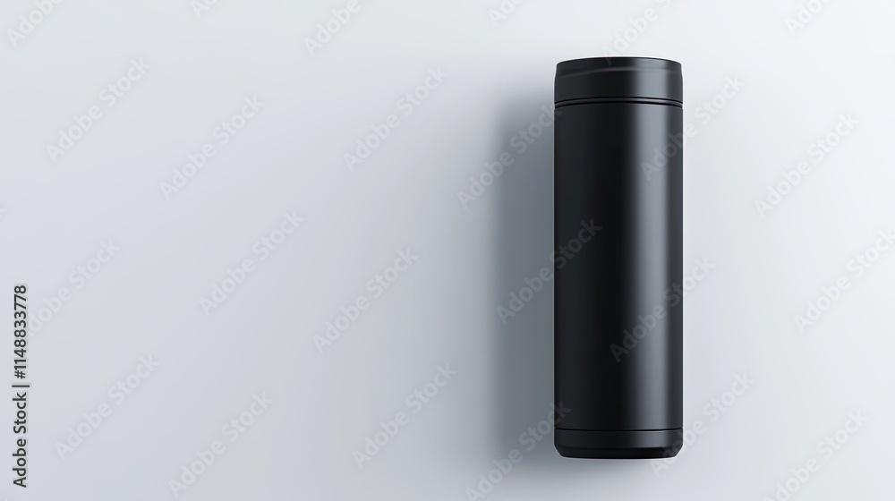 Minimalist black insulated beverage container isolated on a smooth grey background showcasing sleek design and functionality for modern lifestyle enthusiasts Minimalist black insulated beverage container isolated on a smooth grey background showcasing sleek design and functionality for modern lifestyle enthusiasts
