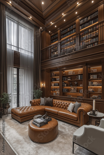 Salle de Séjour Élégante avec Bibliothèque Intégrée, Canapé en Cuir, Tapis Moelleux et Éclairage Doux, Ambiance Confortable et Sophistiquée photo