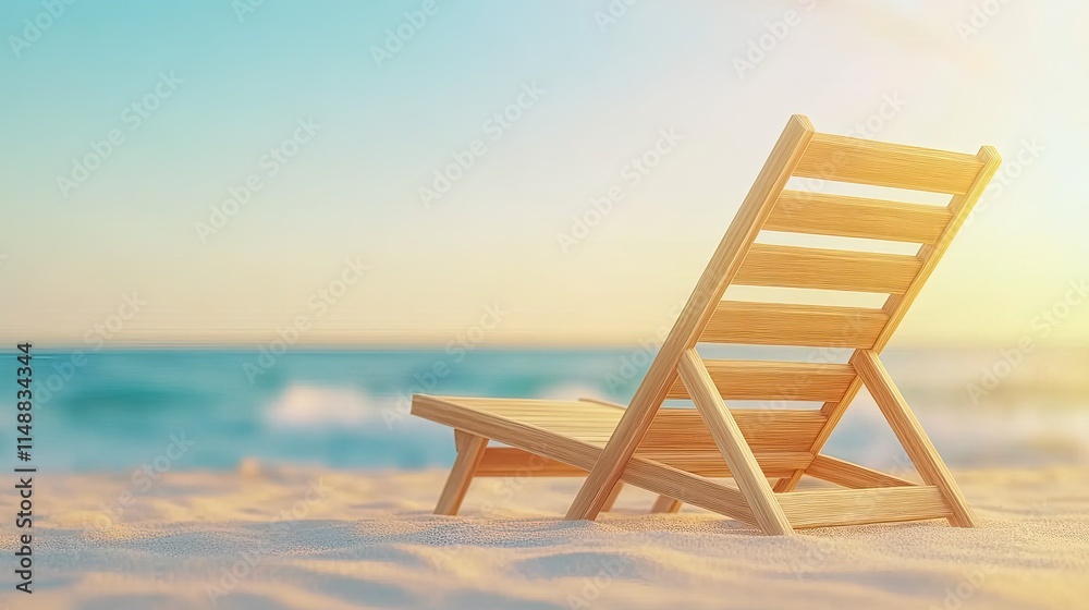 Relaxing Beach Scene with Wooden Lounge Chair on Soft Sand Under Clear Blue Sky and Gentle Ocean Waves in the Background at Sunset Glow Relaxing Beach Scene with Wooden Lounge Chair on Soft Sand Under Clear Blue Sky and Gentle Ocean Waves in the Background at Sunset Glow