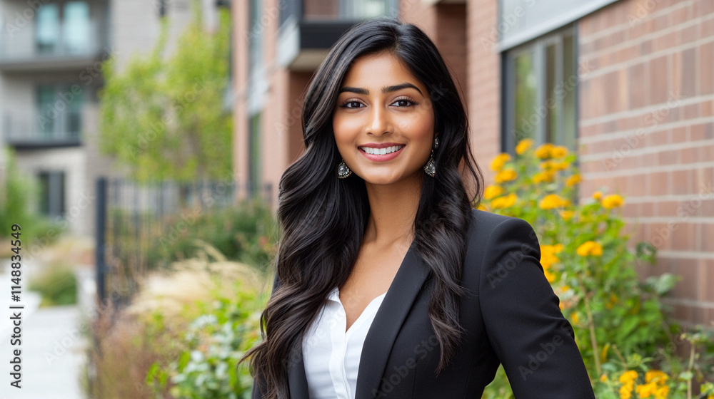 Fototapeta premium Confident young businesswoman smiling outdoors in urban setting