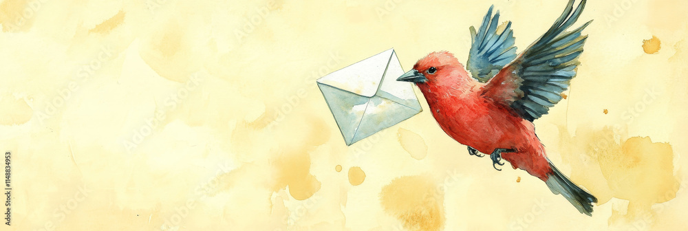 Fototapeta premium Bird Carrying Envelope - A red bird in flight, carrying a white envelope, symbolizes communication, message delivery, hope, connection, and speed.
