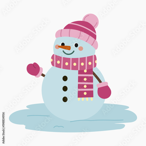 Cute cartoon snowman wearing pink scarf, beanie and mittens vector illustration isolated on white background