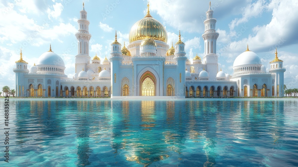 Naklejka premium Majestic white mosque reflected in tranquil water.