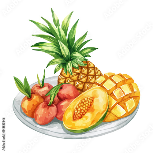 A watercolor drawing of a tropical fruit platter with mangoes and pineapple, isolated on a white background. Fruit platter vector.
