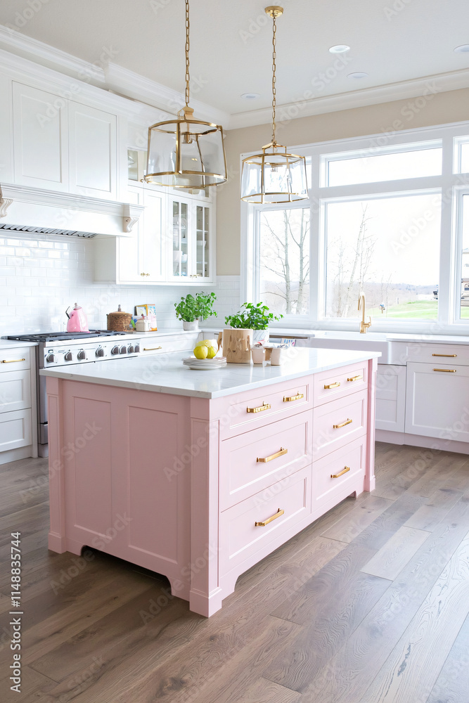 Fototapeta premium Contemporary kitchen featuring a soft pink island with white cabinets and gold hardware, styled for a chic aesthetic. 