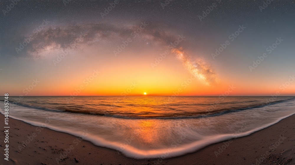 Fototapeta premium Breathtaking Sunset Over Serene Ocean Waves with Milky Way Galaxy in Clear Sky, Capturing Nature's Beauty and Tranquility at Dusk