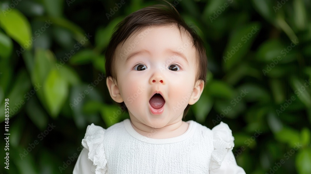 Adorable baby girl with open mouth, surprised expression against green leaves background. Adorable baby girl with open mouth, surprised expression against green leaves background.