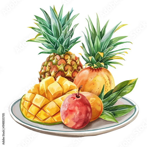 A watercolor drawing of a tropical fruit platter with mangoes and pineapple, isolated on a white background. Fruit platter vector.
