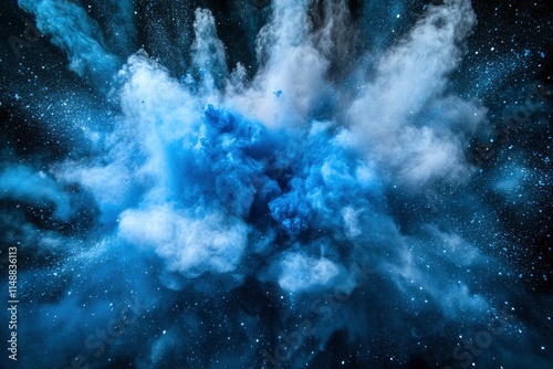 Blue color powder explosion cloud on white background.Blue dust particles splash. 