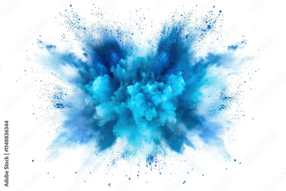 Blue color powder explosion cloud on white background.Blue dust particles splash. Blue color powder explosion cloud on white background.Blue dust particles splash.