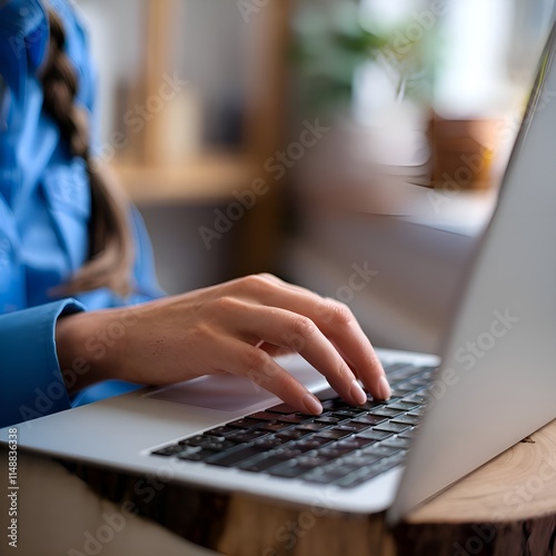 A close-up of a woman's hand typing on a laptop keyboard. A businesswoman using a laptop computer to browse the internet, look up information at home, and participate in e-learning
