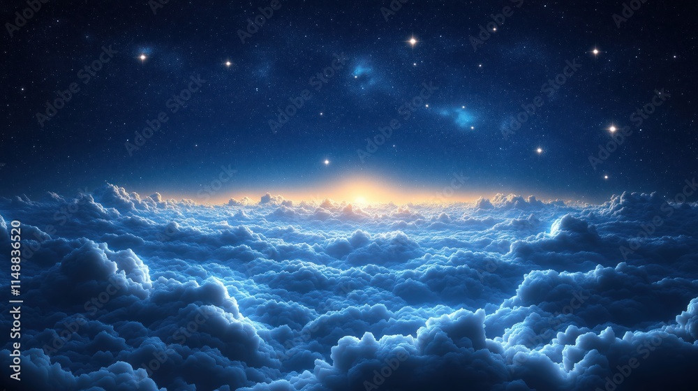 Fototapeta premium Night sky above vast clouds. Sunrise sunset light glows through clouds. Starry night. Mysterious, peaceful atmosphere. Dreamlike, magical feeling. Ideal for posters, wallpapers, design projects.