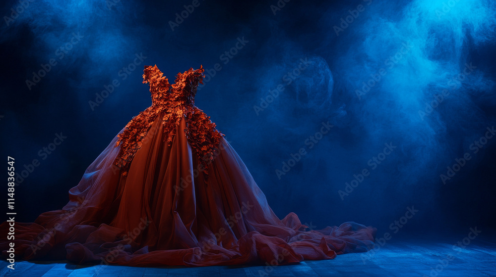 stunning red dress adorned with floral details, set against dramatic blue backdrop, evokes elegance and creativity stunning red dress adorned with floral details, set against dramatic blue backdrop, evokes elegance and creativity
