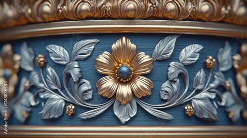 Ornate gold & silver floral design on blue.