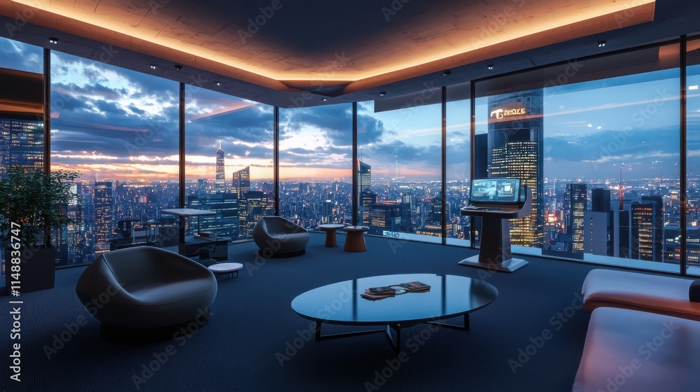 Fototapeta premium Futuristic office lounge with virtual reality stations in skyscraper cityscape at evening high-tech elements and vibrant colors