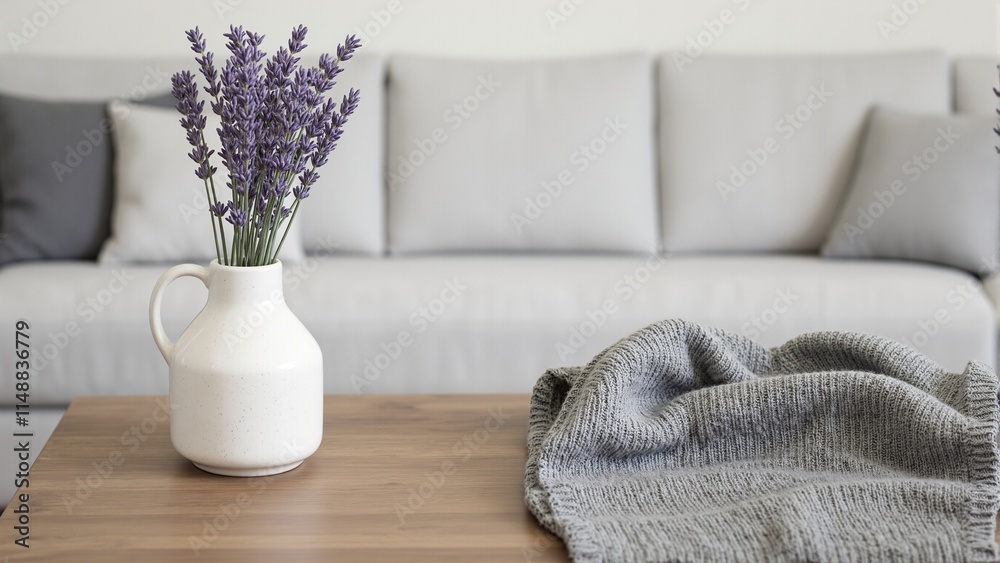Cozy gray sweater hanging over table edge next to vase of fragrant lavender Cozy gray sweater hanging over table edge next to vase of fragrant lavender