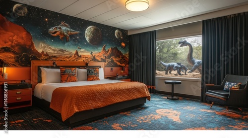 Room adorned with wallpaper showcasing adventurous themes like space and dinosaurs. photo