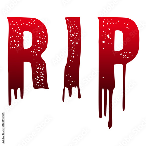 Rip, rest in peace text bloody dripping uppercase letters vector illustration, cartoon grunge style, red bloody color letters