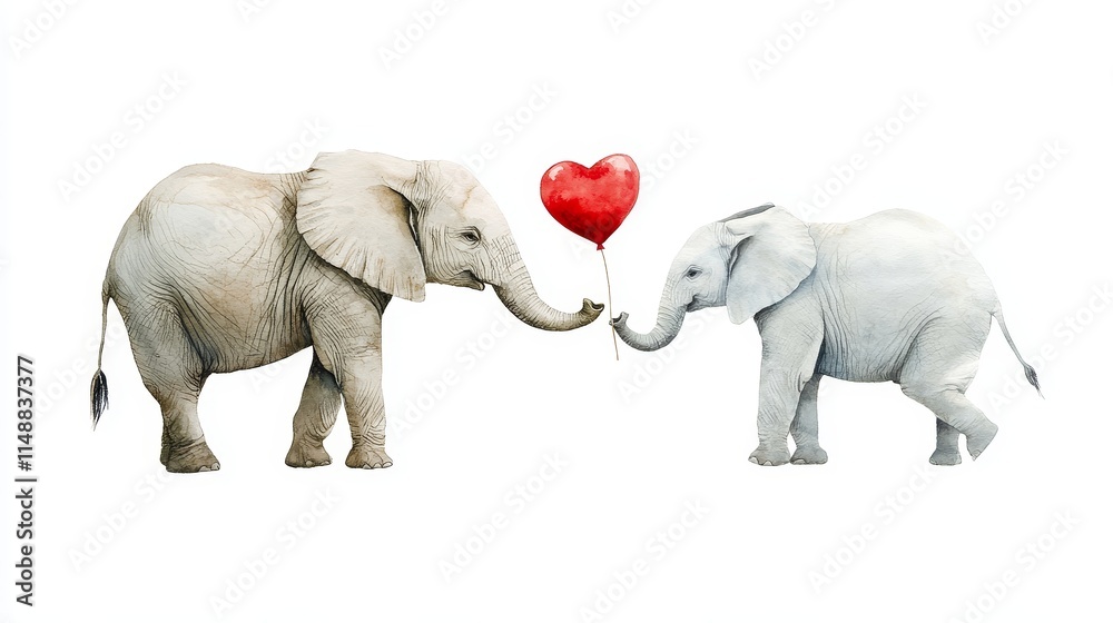 Obraz premium Elephants Sharing a Heart Balloon - Two elephants, one large and one small, share a red heart-shaped balloon, symbolizing love, friendship, affection, sharing, and tenderness.