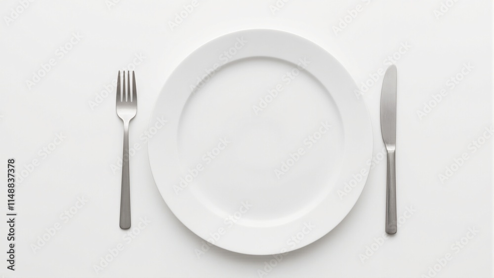 Minimalist dining table setting with symmetrical fork and knife on a white plate Minimalist dining table setting with symmetrical fork and knife on a white plate