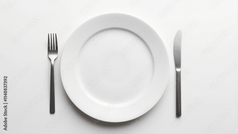 Minimalist dining table setting with symmetrical fork and knife on a white plate Minimalist dining table setting with symmetrical fork and knife on a white plate