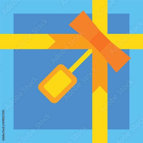 Gift box wrapped in blue paper with an orange ribbon and a yellow tag attached, representing a present for a birthday, holiday, or other special event