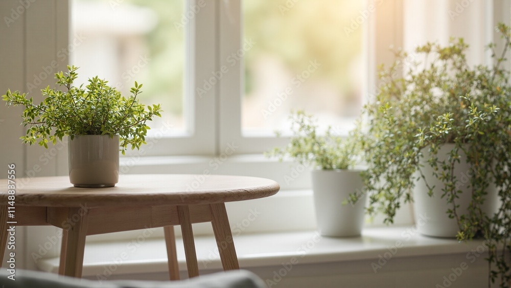 Lush green houseplant in ceramic pot on wooden table with sunlight Lush green houseplant in ceramic pot on wooden table with sunlight