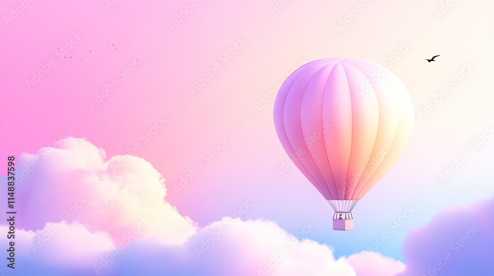 Fototapeta premium Beautiful pastel hot air balloon floating over dreamy clouds under a soft pink sky during sunrise or sunset in a serene landscape