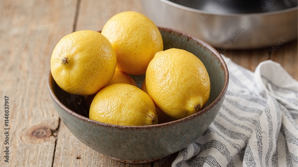 Rustic ceramic bowl of lemons on wooden table with striped towel Rustic ceramic bowl of lemons on wooden table with striped towel