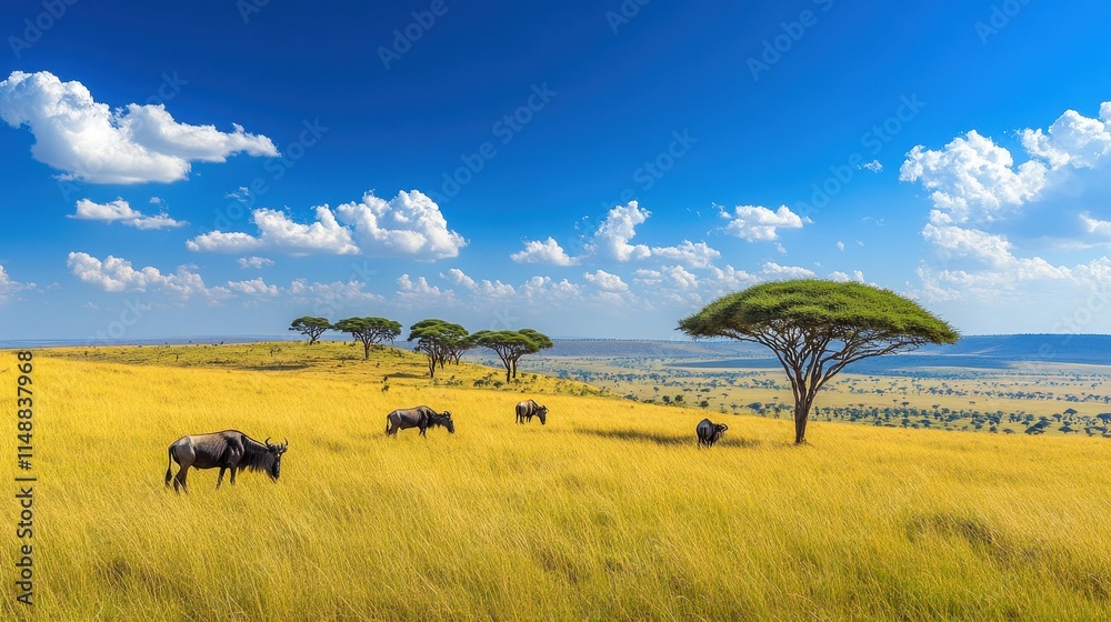 Obraz premium Scenic view of wildlife grazing on open savanna, with golden grasses and acacia trees in the background.