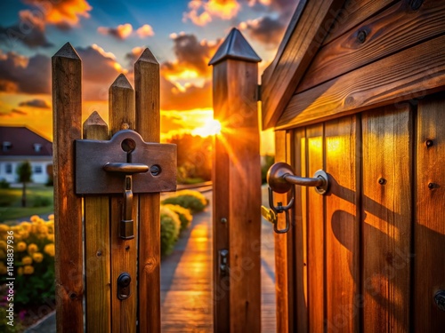 Classic Wooden Gate with Keybox Silhouette - Secure Home Rental Entrance photo