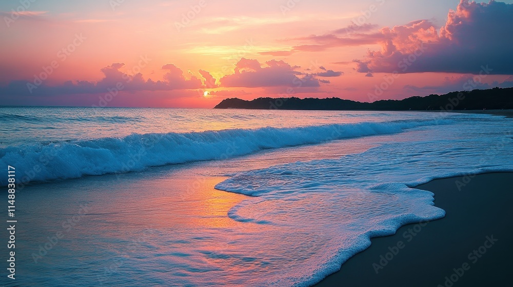 Fototapeta premium Serene beach at sunset, waves gently crashing and silhouettes of distant islands.