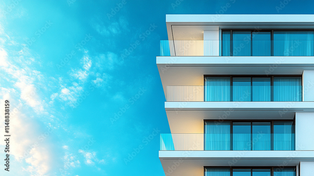 Detail of modern residential apartment flat building exterior showcasing a luxury home complex with sleek design and city real estate. A fragment of upscale architecture with blue sky and copy space Detail of modern residential apartment flat building exterior showcasing a luxury home complex with sleek design and city real estate. A fragment of upscale architecture with blue sky and copy space