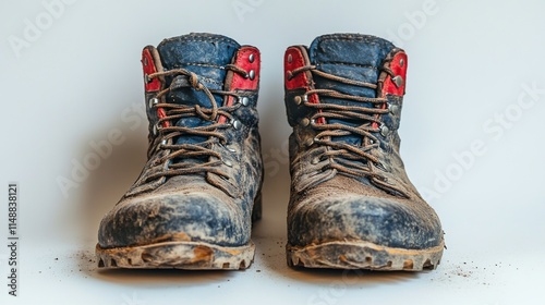 Pair of muddy work boots on white background. photo