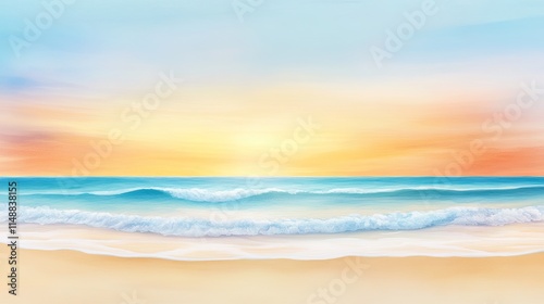 Tranquil Beach Sunrise with Gentle Waves and Soft Sand Under Bright Sky in Pastel Colors, Perfect for Relaxation and Seaside Retreats