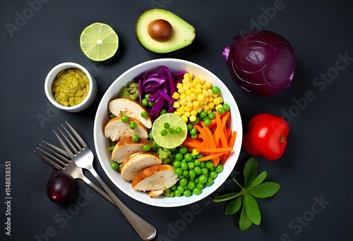 Colorful and Healthy Protein Bowl with Grilled Chicken, Avocado, Corn, and Vegetables
