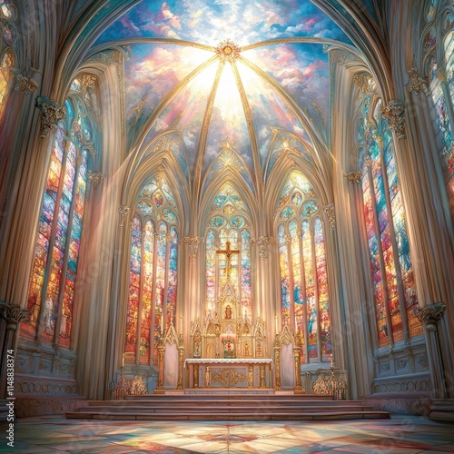 Stunning Interior of Grand Cathedral with Vibrant Stained Glass Windows Illuminated by Soft Natural Light and Ornate Architectural Details