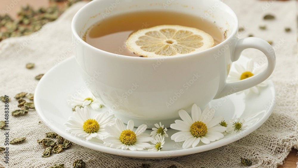 Tranquil chamomile tea with lemon slice in elegant white teacup on rustic tablecloth Tranquil chamomile tea with lemon slice in elegant white teacup on rustic tablecloth