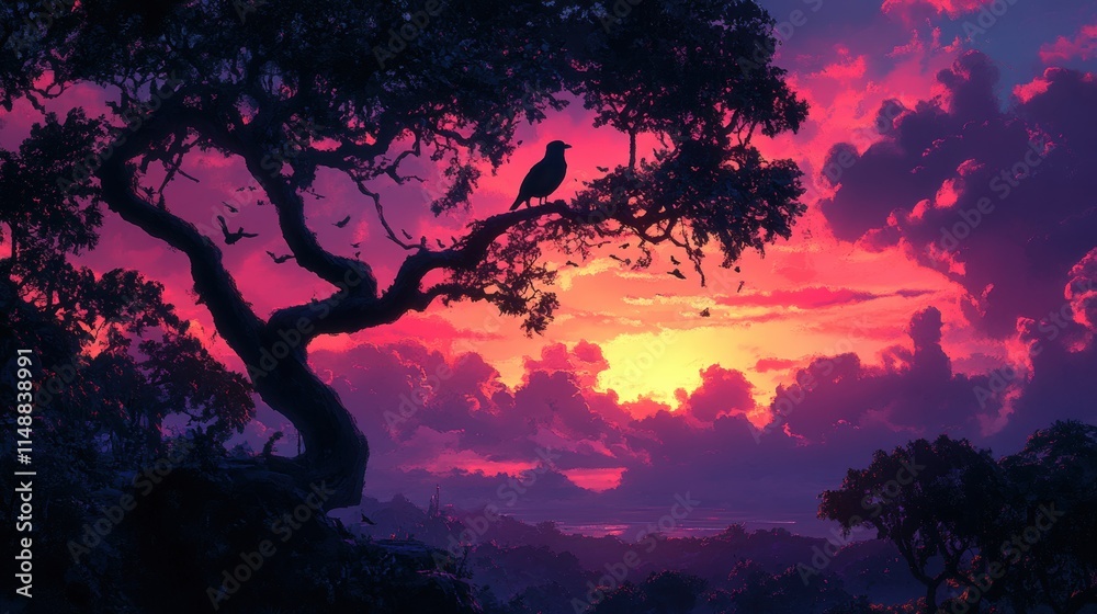 Obraz premium Silhouette of a creature perched high in a tree against a colorful sunset sky.