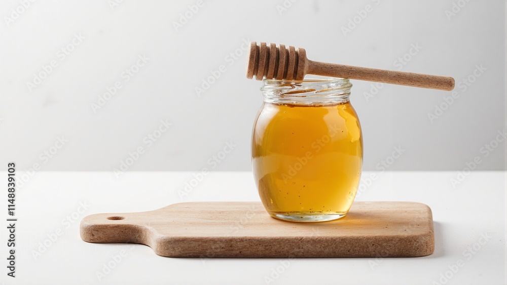 Close up of a glass jar filled with golden honey wooden dipper on top on wooden board on white table Close up of a glass jar filled with golden honey wooden dipper on top on wooden board on white table