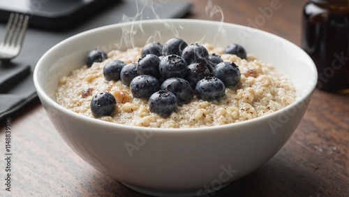 Healthy breakfast oatmeal with blueberries and honey in a white bowl on dark wood table