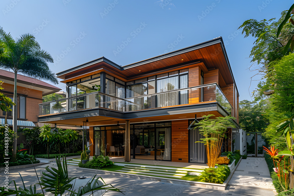 This twostory contemporary house showcases modern architectural design with large windows, wooden facade, glass railings, and tropical landscaping, creating a stylish and chic living space This twostory contemporary house showcases modern architectural design with large windows, wooden facade, glass railings, and tropical landscaping, creating a stylish and chic living space