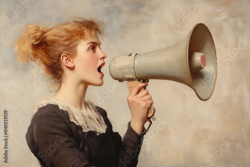 Young woman passionately speaking into megaphone, conveying stro
