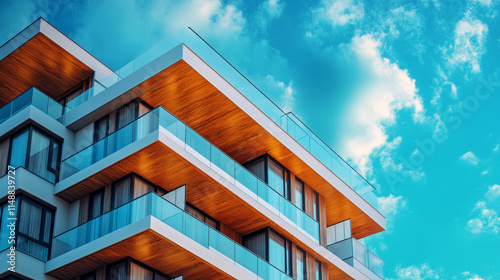 Detail of modern residential apartment flat building exterior showcasing a luxury home complex with sleek design and city real estate. A fragment of upscale architecture with blue sky and copy space